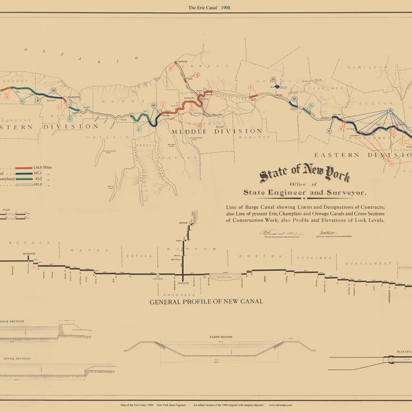 Erie  Canal 1908 old map Reprint New York Regional Canals