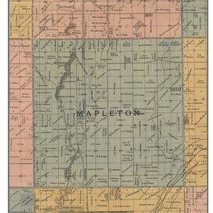 May include: A vintage map of Mapleton, dated 1893, with a detailed grid layout. The map features names of towns, landmarks, and residents, with text including "Mapleton" and "Republican". The color palette includes beige, yellow, and green.