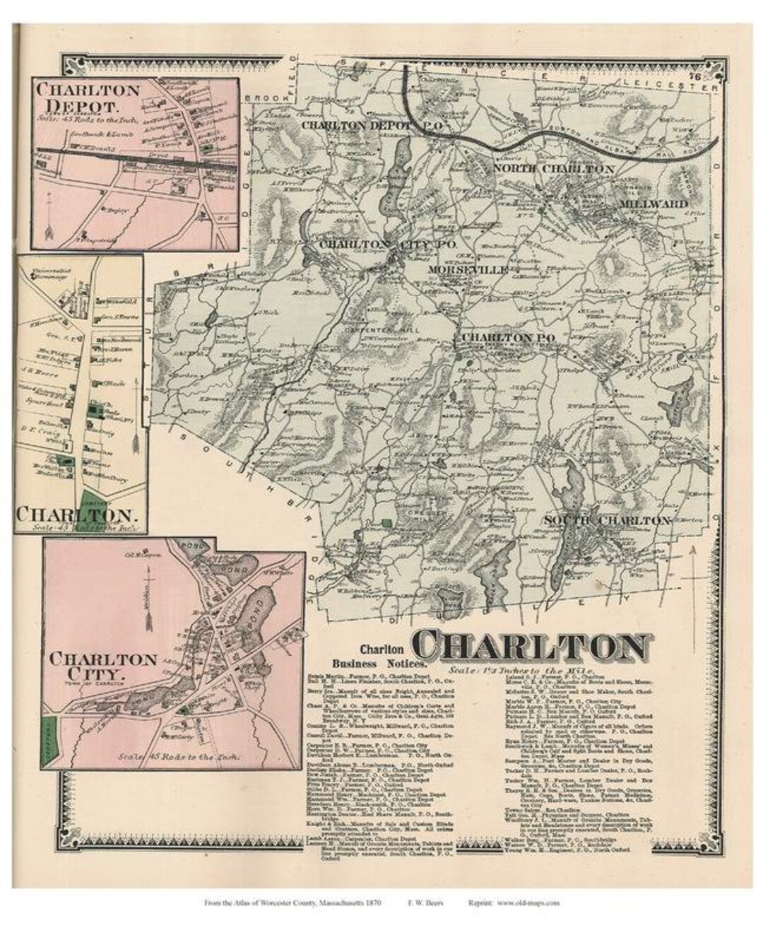 Charlton 1870 Old Town Map With Homeowner Names Massachusetts Reprint
