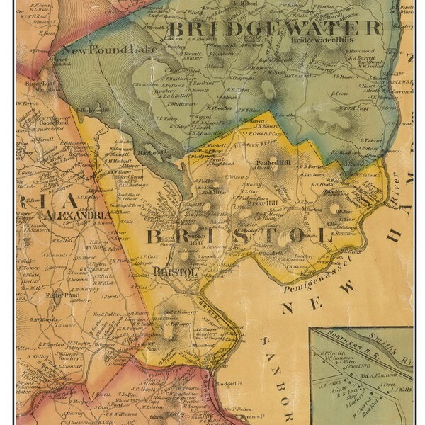 Bristol 1860 Old Town Map with Homeowner Names New Hampshire - Reprint Grafton Co. NH TM