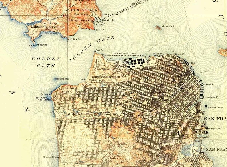 San Francisco 1915 Custom Old Topo Map USGS The City Marin County East Bay Daly City Composite Reprint California image 4