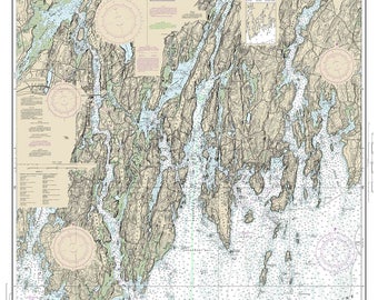 May include: Nautical chart of the Damariscotta, Sheepscot, and Kennebec Rivers in Maine. The chart shows the coastline, islands, and waterways of the area. Soundings are in feet.