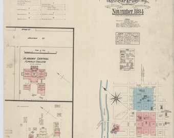 Tuscaloosa 1884 Old Map Fire Insurance AL Alabama - Reprint
