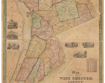 Westchester County  New York 1851  - Old Wall Map Reprint with Homeowner Names - Genealogy