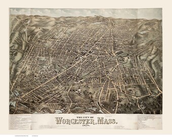 Worcester Massachusetts 1878 Birds Eye View MA Reprint