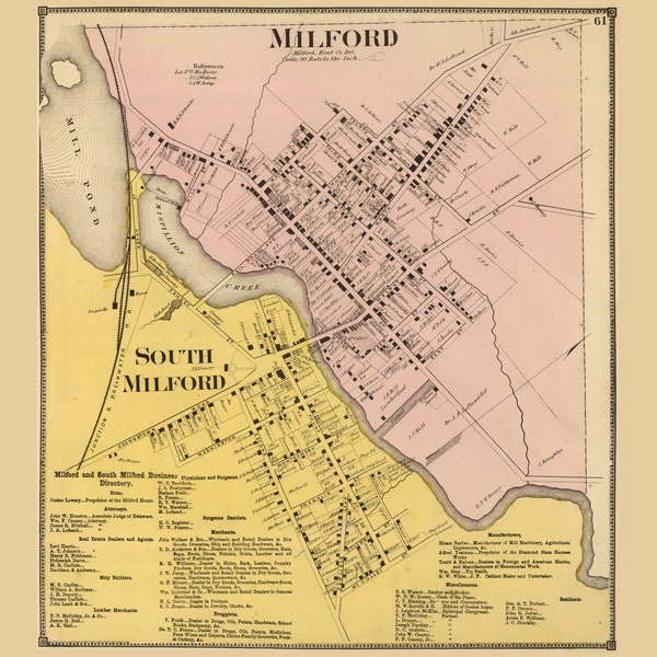 Milford and South Milford Villages Delaware 1868 Old Town Map with Homeowner Names - Reprint Genealogy State Atlas DE TM