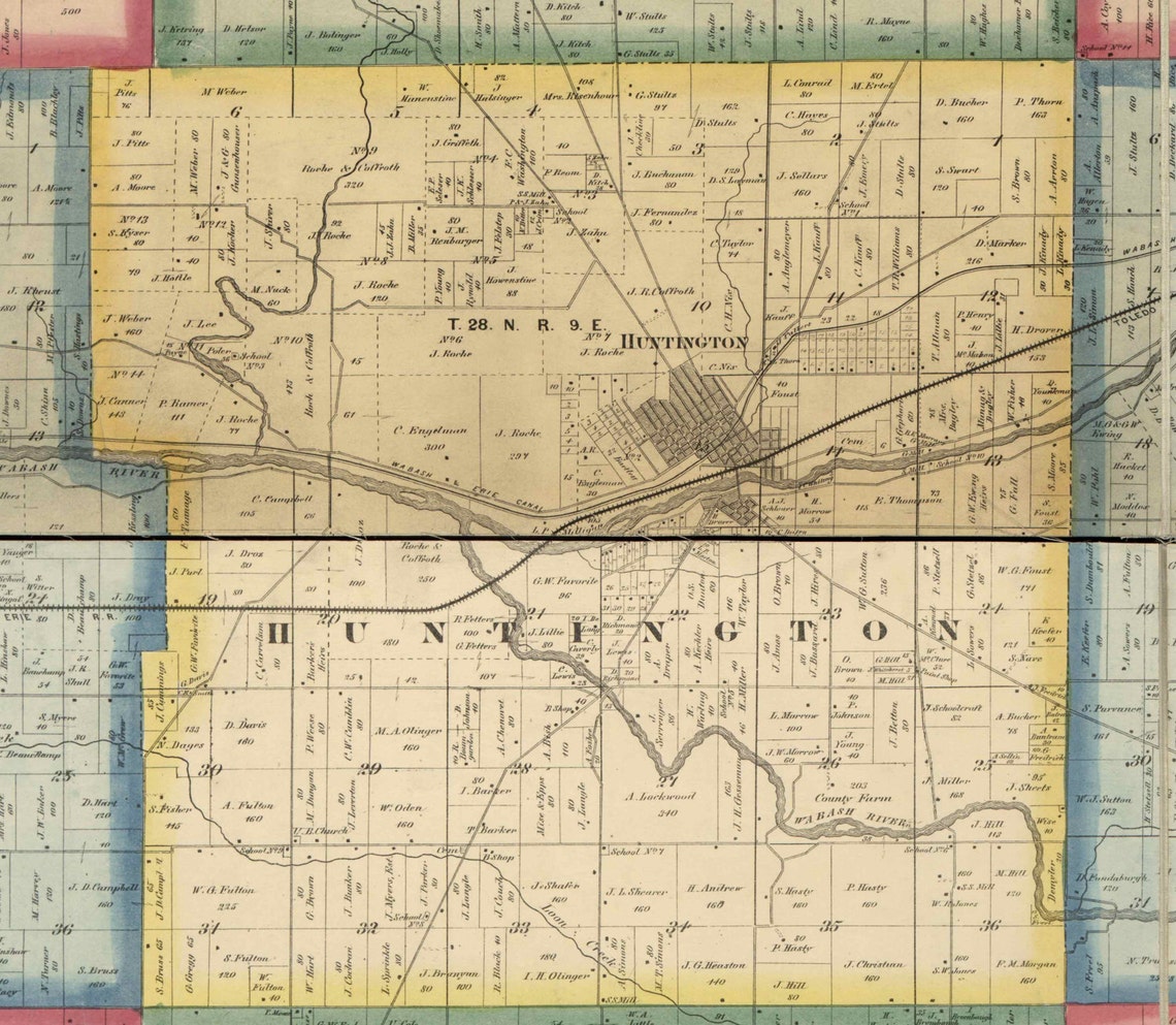 Huntington County Indiana 1866 Old Wall Map Reprint With Etsy