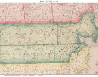 Kent County, Rhode Island  - 1855  Old Map Homeowner Names   Custom Reprint from State Map
