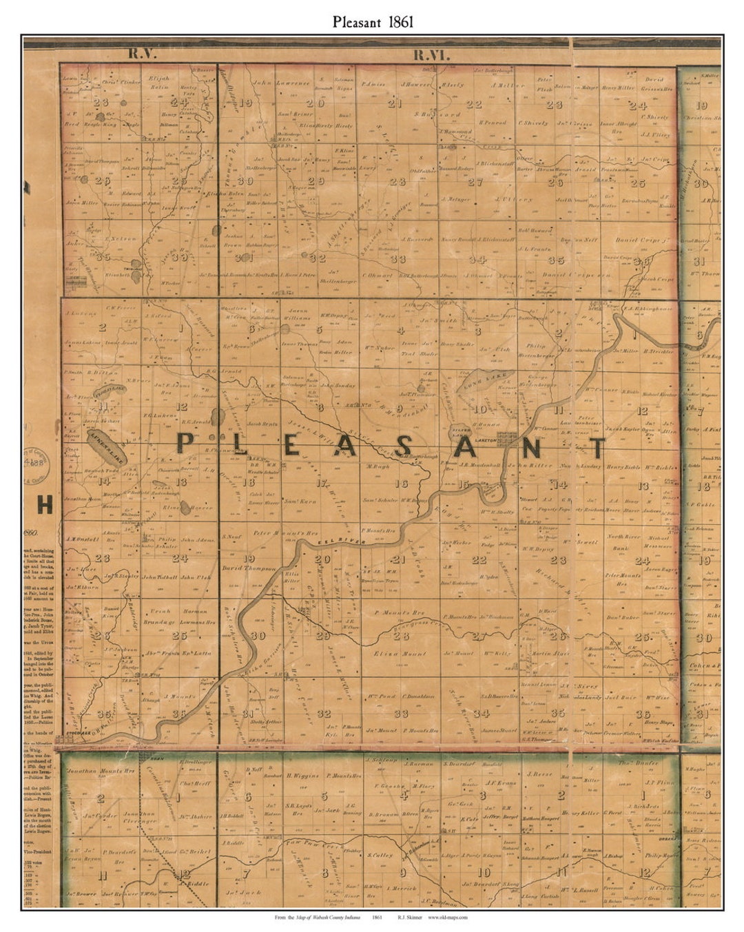 Pleasant 1861 Old Town Map With Homeowner Names Indiana Laketon Luken Lake Reprint Genealogy