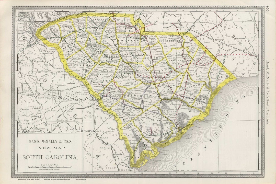 South Carolina 1889 State Map - Rand Mcnally - Reprint State - Etsy