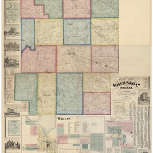 Kosciusko County Indiana  1866 - Old Wall Map Reprint with Homeowner Names Farm Lines Genealogy