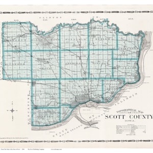 May include: A vintage topographical map of Scott County, Iowa, with a blue and green color scheme. The map shows the county's townships and rivers, including the Mississippi River. The map is titled "Topographical Map of Scott County, Iowa."