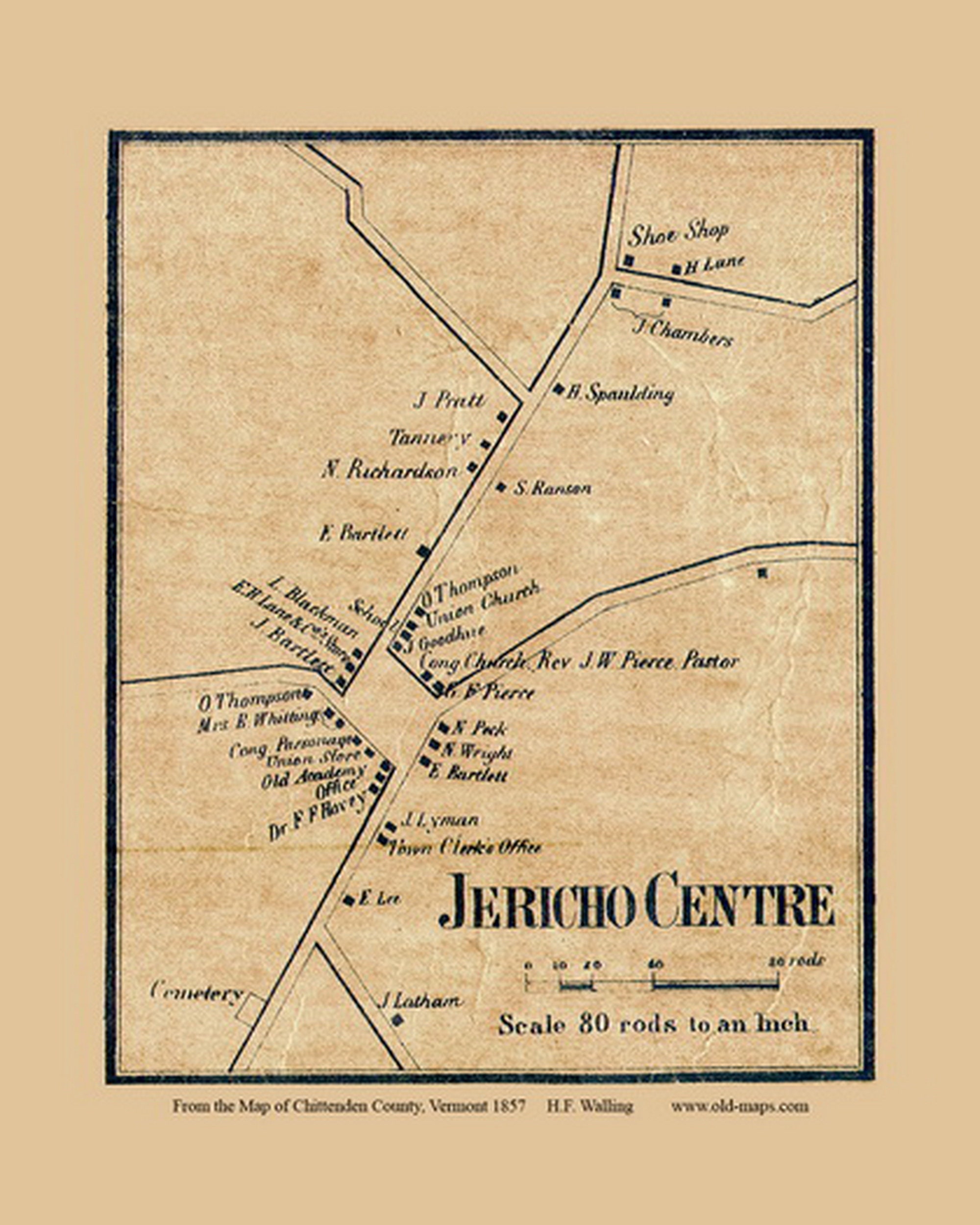 Jericho Center 1857 Old Town Map With Homeowner Names Vermont - Etsy