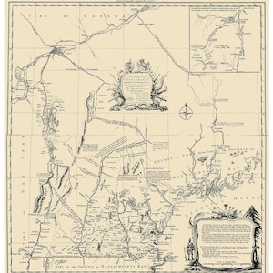 May include: A black and white map of the Majesty's Province of New Hampshire in New England. The map shows the boundaries of the province, as well as the surrounding areas. The map is dated 1775 and includes a scale of English miles.