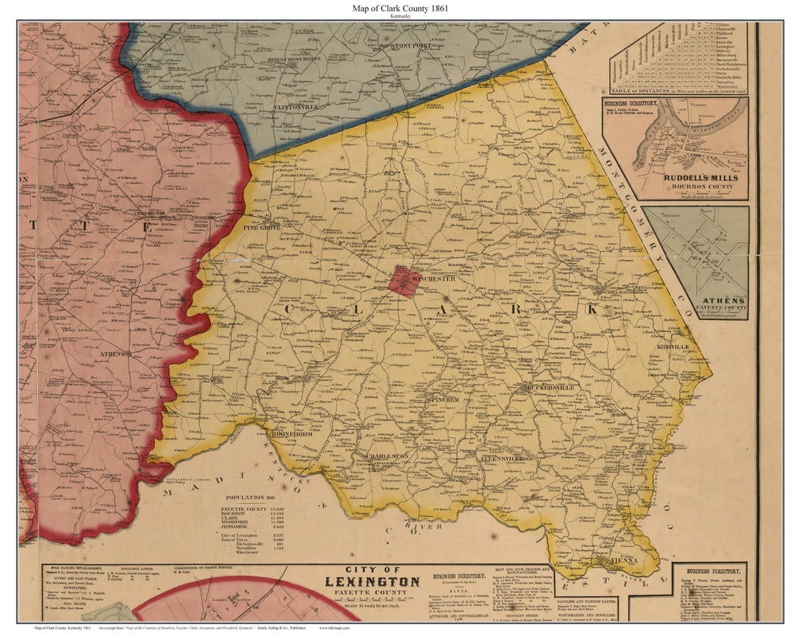 Clark County Kentucky 1861 Old Wall Map Custom Print Etsy