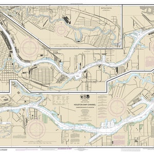 May include: A nautical chart of the Houston Ship Channel, showing the waterway from the Gulf of Mexico to the Port of Houston. The chart includes depth soundings, buoys, and other navigational aids. The chart is printed on a beige background with blue lines representing the water.