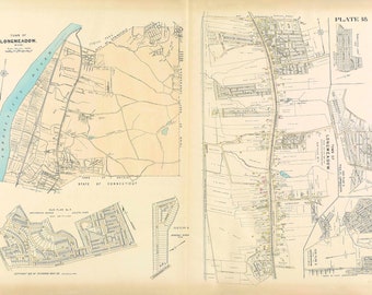May include: A vintage map of Longmeadow, Massachusetts, showing streets, roads, and waterways. The map is divided into two sections, with the left side showing the town's layout and the right side showing a more detailed view of the downtown area. The map is printed on a cream-colored paper with brown and black ink.