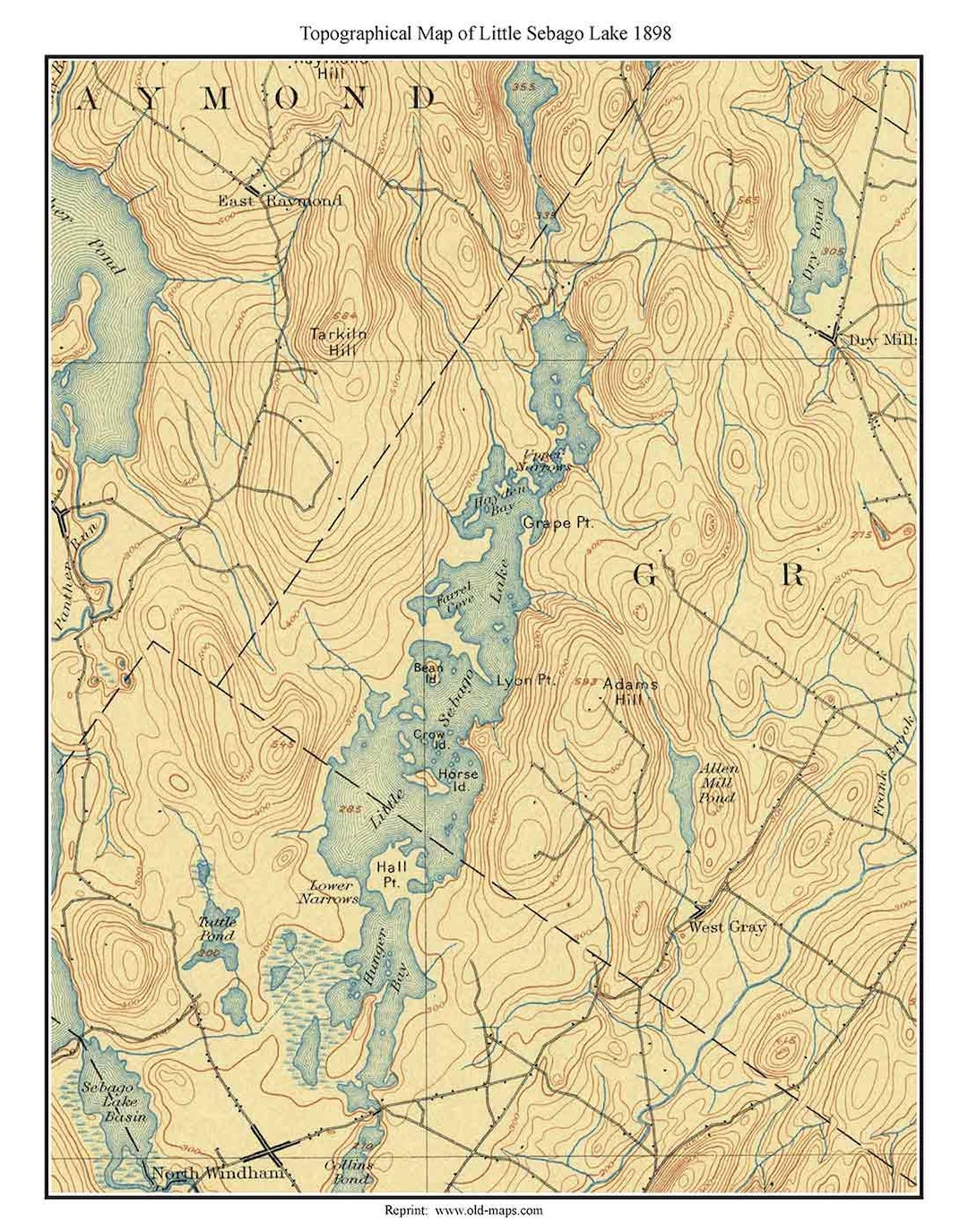 Little Sebago Lake Ca 1898 Old Topographic Map USGS Custom Composite