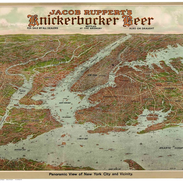 New York City - 1912x Bird's Eye View from Knickerbocker Beer Ad - Reprint