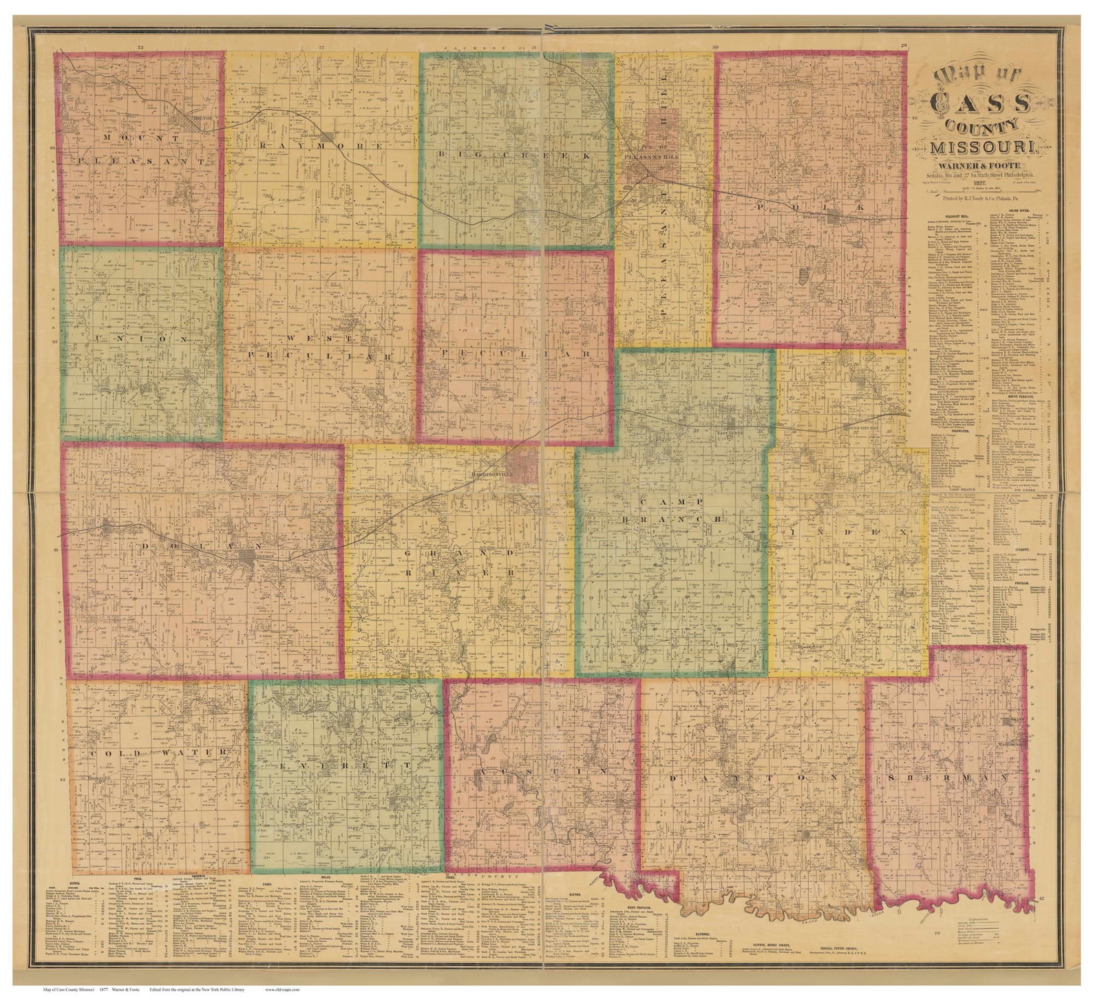 Cass County Missouri 1877 Old Wall Map With Landowner & Homeowner Names