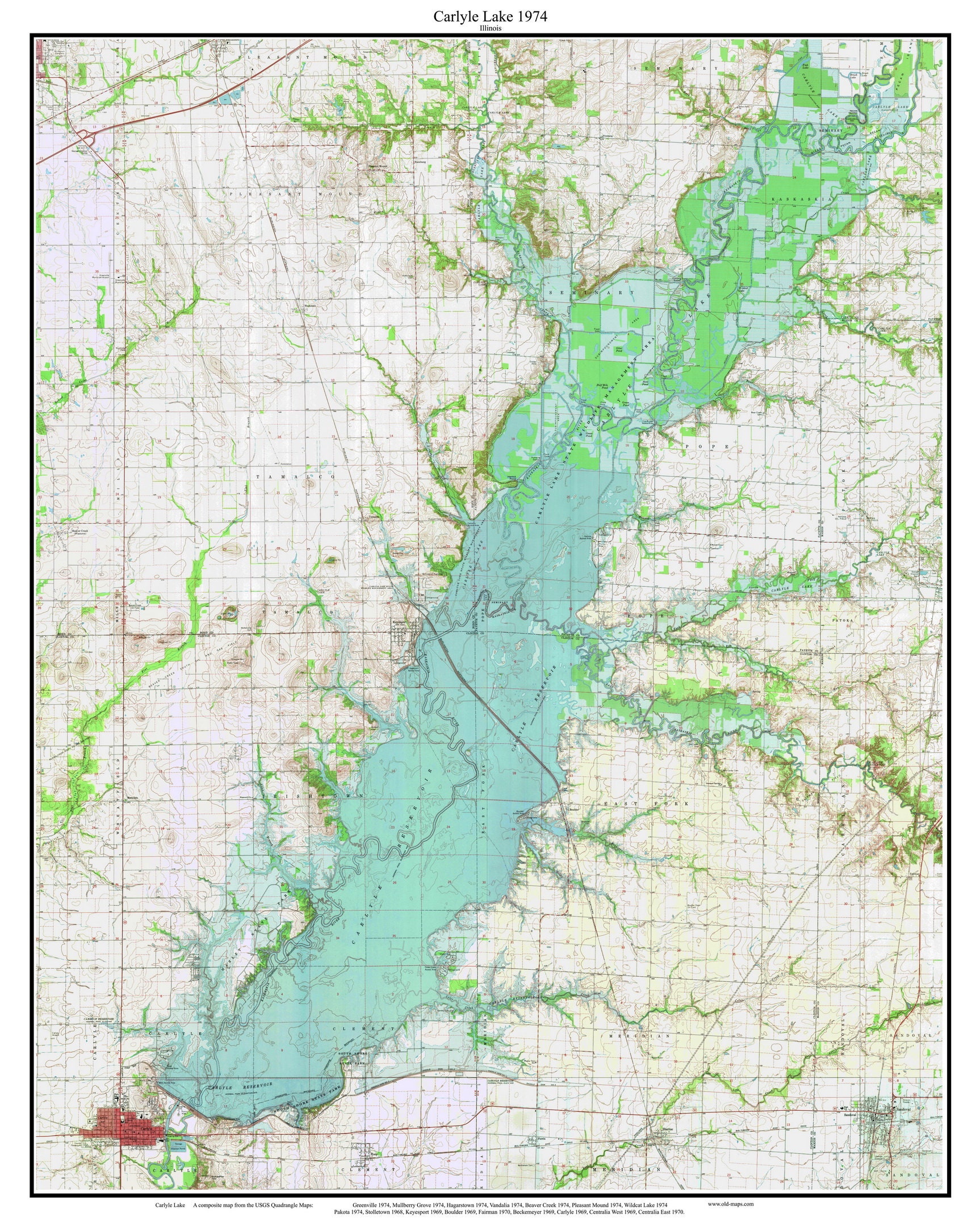 Carlyle Lake 1974 USGS Old Topographic Map Custom Composite