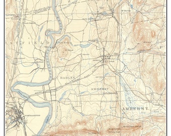 Amherst and Hadley 1895 Old Topographical Map Massachusetts  USGS  - Reprint Custom