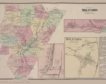 Milford 1868 Old Town Map Portlandville Colliersville Reprint Otsego County, New York, Homeowner Names, Genealogy  NY Atlas #31-32
