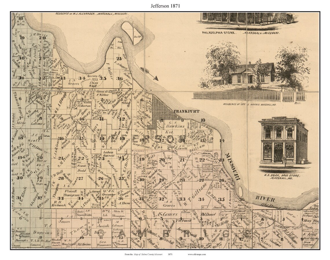 Jefferson 1871 Old Town Map With Homeowner Names Missouri Etsy