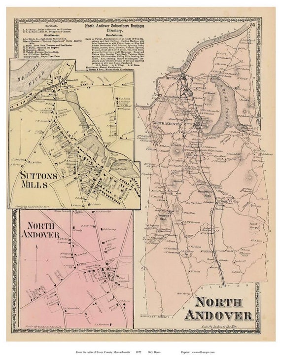 North Andover 1872 Old Town Map Reprint Suttons Mills  Etsy