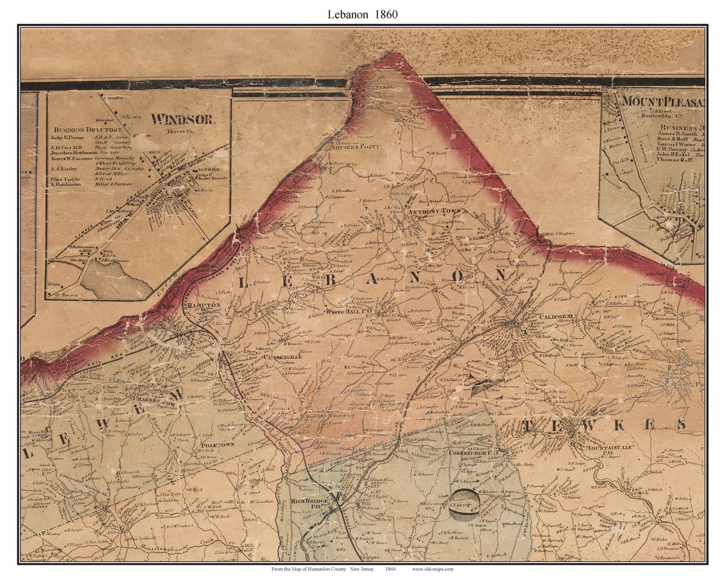 Lebanon 1860 Old Town Map With Homeowner Names New Jersey Reprint