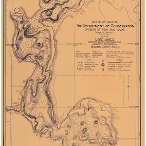 May include: A vintage map of Lake James in Steuben County, Indiana, showing depth contours and adjacent topography. The map is printed on a beige background with black lines and text. The map includes a key with symbols for swamp areas, vegetation in the lake, wooded areas, cottages, and bench marks. The map also includes a scale and a legend.