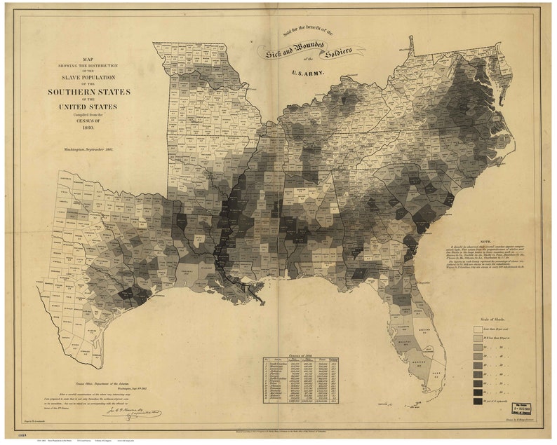 Southern States Census Map 1861 Slave Population Density United States Reprint USA Regional Southeast image 1