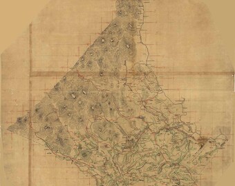 May include: An antique map of a region with detailed topographical features, including rivers, mountains, and valleys. The map is drawn in black ink on a beige paper background with red grid lines.
