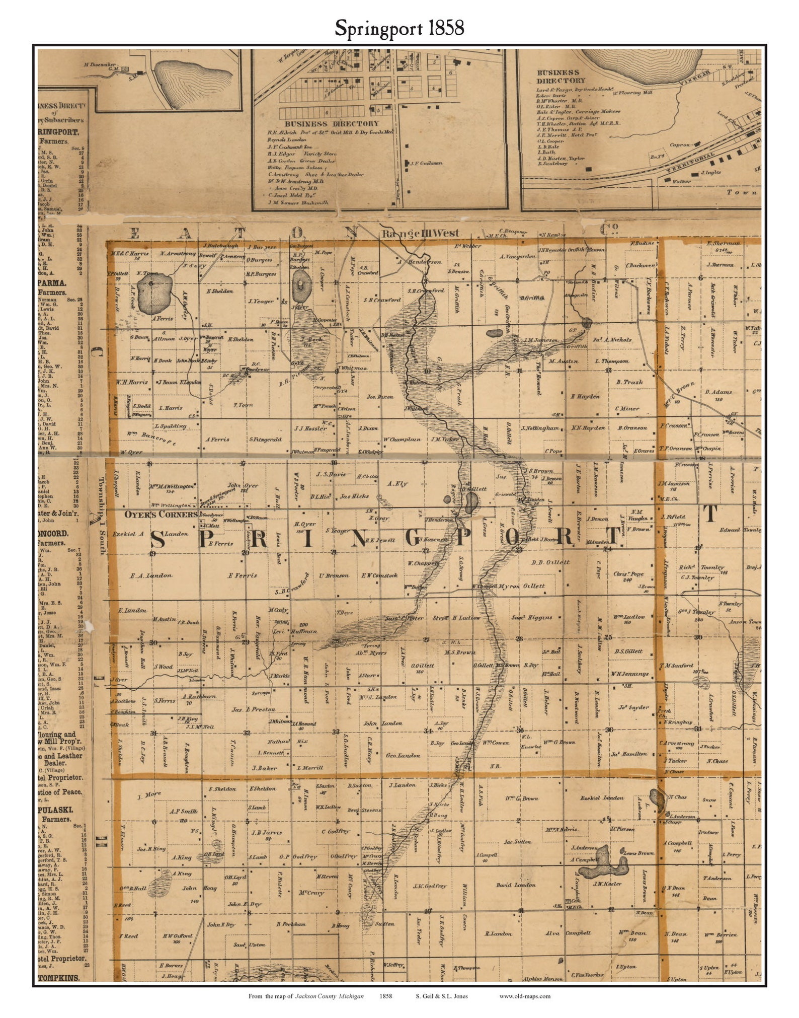 Springport 1858 Old Town Map With Homeowner Names Michigan Etsy