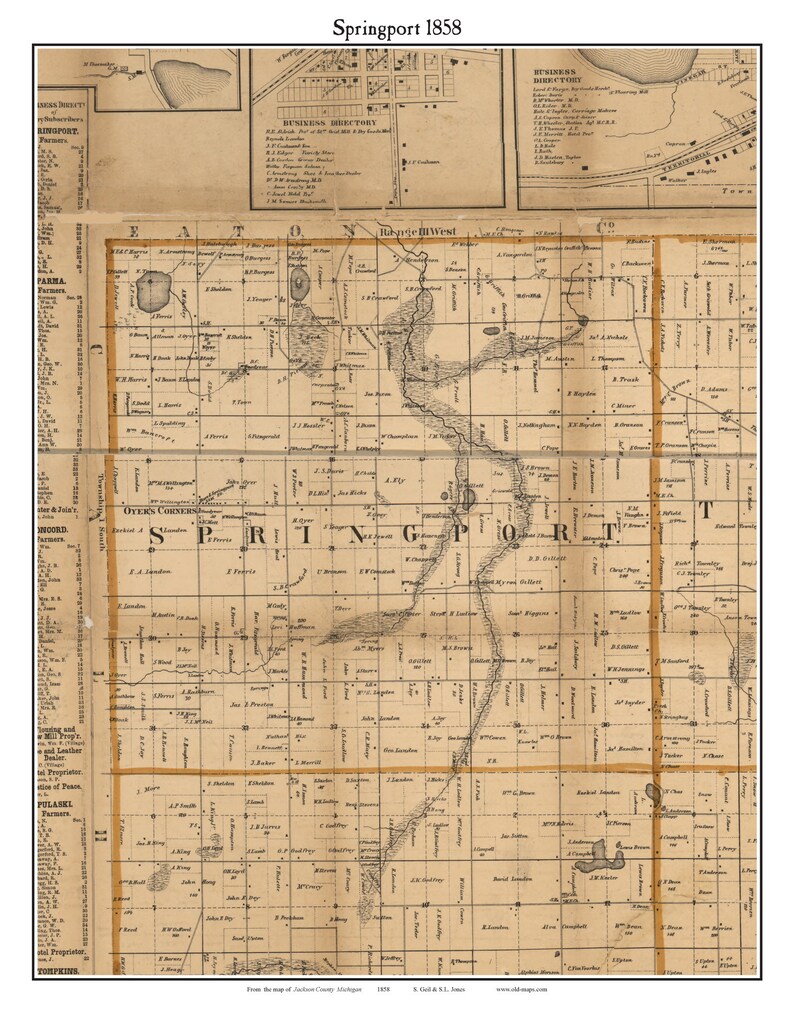 Springport 1853 Map Springport 1858 Old Town Map With Homeowner Names - Michigan - Reprint ...