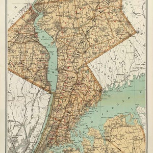 May include: An antique map of Westchester County, New York, from 1895. The map is in shades of brown, yellow, and blue, with red markings for towns and cities. The map shows the Hudson River, Long Island Sound, and the surrounding area.