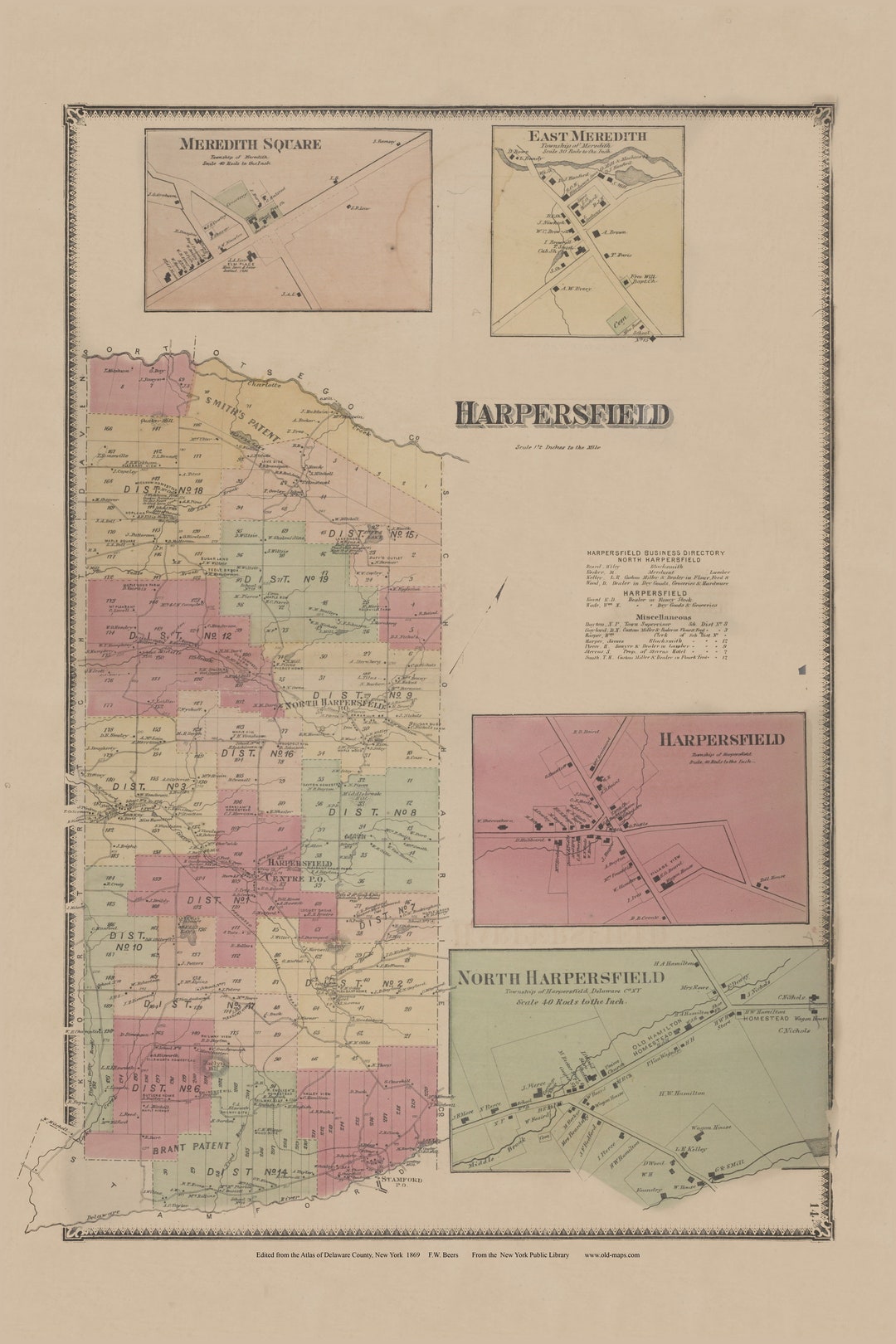 Harpersfield 1869 New York Delaware Co Atlas Old Town Map Reprint NY