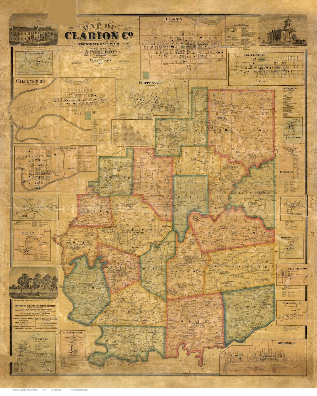 Clarion County Pennsylvania 1865 Color Old Wall Map With Homeowner