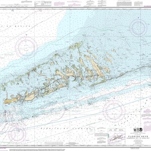 May include: A nautical chart of the Florida Keys, showing the islands and waterways. The chart is in shades of blue, green, and brown, with white lines indicating the depths of the water. The chart also includes compass roses, a legend, and a scale.