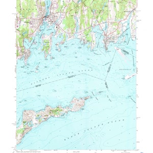 May include: A detailed topographic map of the Mystic, Connecticut area, showing the coastline, islands, and surrounding waters. The map includes labels for various geographic features, such as "Block Island Sound", "Fisher's Island", and "Little Narragansett Bay".