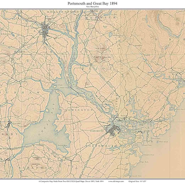 Portsmouth & Great Bay 1894  Old Topographic Map USGS  -  Custom Composite Reprint New Hampshire Maine