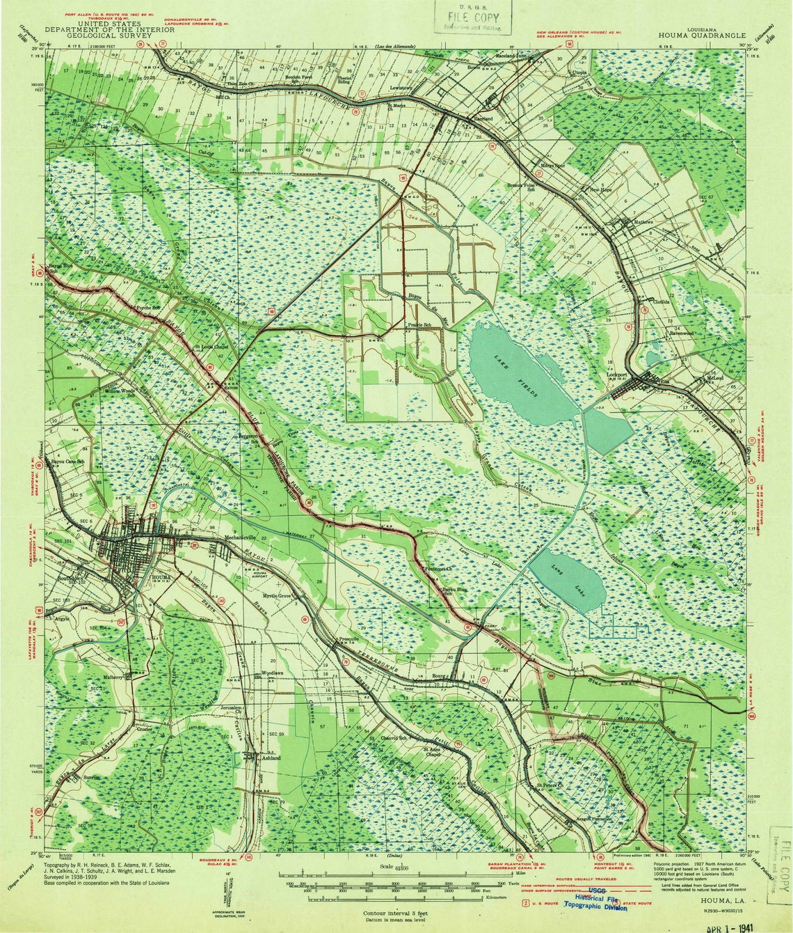 Houma 1941 Old Topo Map Lake Fields Long Lake Lockport Etsy