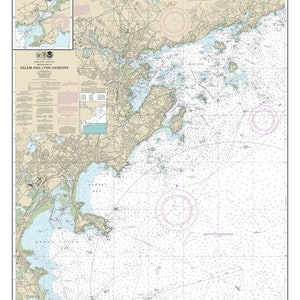 May include: Nautical chart of Salem and Lynn Harbors, Massachusetts, with detailed soundings in feet. The chart shows the coastline, islands, channels, and other navigational features. It also includes a legend and a scale.