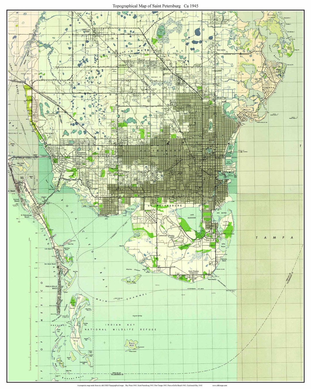 St. Petersburg Florida 1945 Old Topo Map A Composite Made From 6 Old USGS Topographical Maps