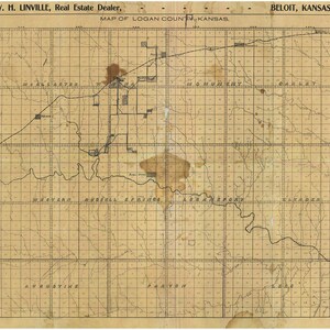 May include: A vintage map of Logan County, Kansas, showing the county's townships and roads. The map is printed on a beige paper and has a faded appearance. The text "W. H. LINVILLE, Real Estate Dealer, BELOIT, KANSAS." is printed at the top of the map.