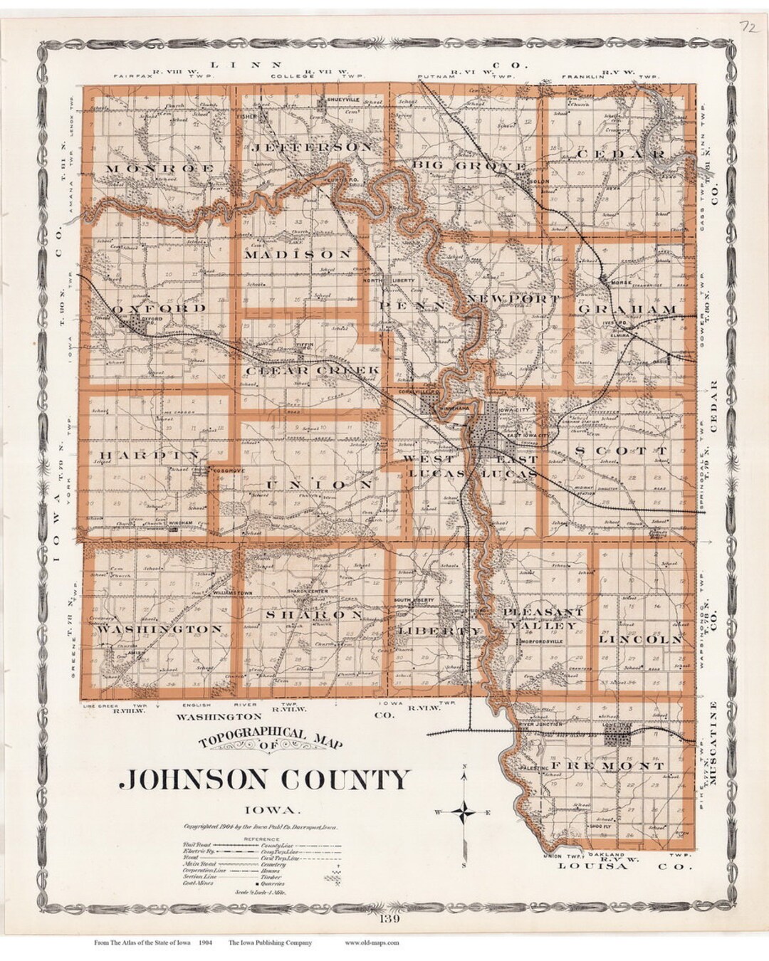Johnson County 1904 Old Town Map Reprint Iowa State Atlas Genealogy IA