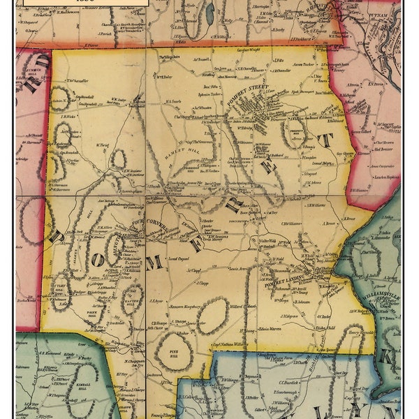 Pomfret 1856 Old Town Map  with Homeowner Names Connecticut -  Reprint Windham County CT