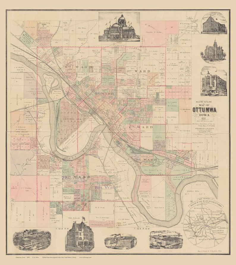 Ottumwa Iowa 1893 Old Map Reprint Landowners Names IA Etsy