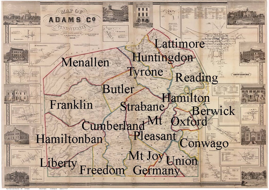 Adams County Pennsylvania 1858 Old Wall Map with Homeowner Etsy
