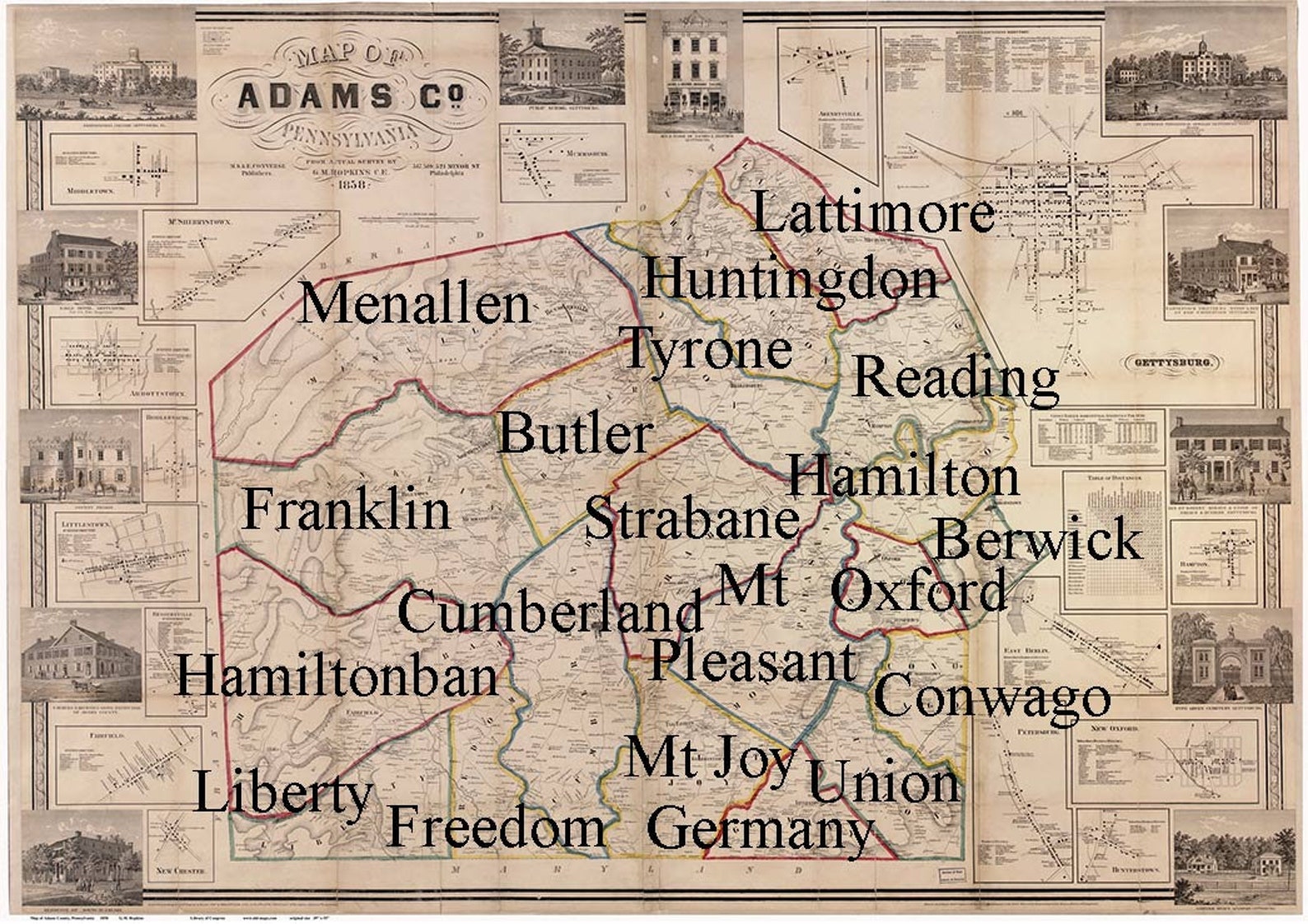 Adams County Pennsylvania 1858 Old Wall Map with Homeowner Etsy